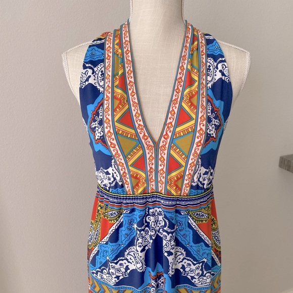 Hale Bob Boho Blue White Stretch Jersey Halter Open Back Maxi Dress Small - Picture 2 of 7